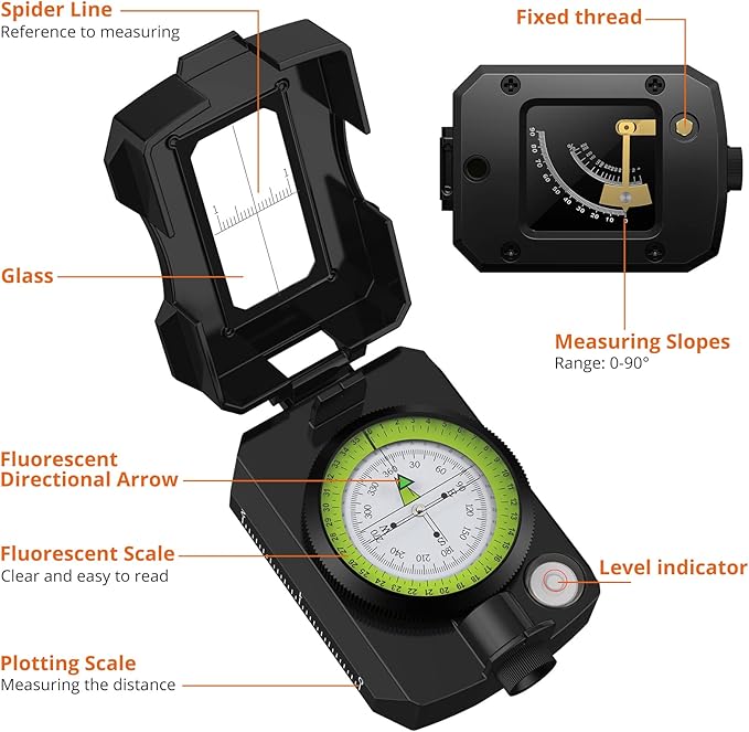 Proster IP54 Hiking Compass with Sighting Clinometer Professional Military Compass Aluminum Alloy Camping Compass Waterproof with Carry Bag