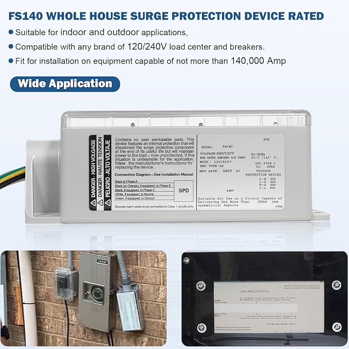 FS140 Whole House Surge Protection Device Rated for 140,000 Amps, Replace for Siemens FS140, Compatible with Any Brand of Load Center and Breakers, 120/240V