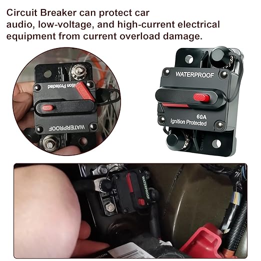 Circuit Breaker DC 12V-48V Fuse Manual Reset for Boat Trolling Motor Marine ATV Trailer Vehicles Stereo Audio Electronic Battery Solar System Protection (60Amp)