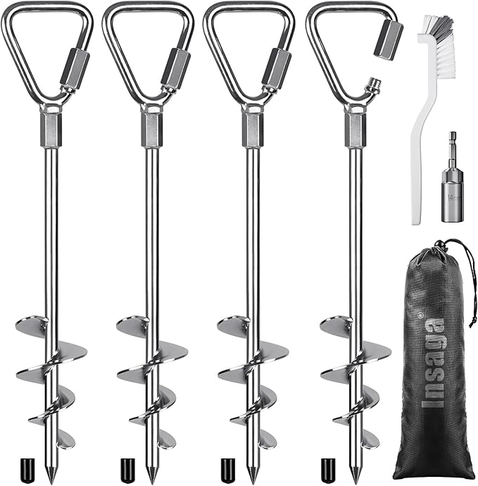 17" Heavy Duty Ground Anchors Screw in - 4 Pack Chrome Plated with Reinforced Triangle Bracket for Trampoline, Swing Set, Shed, Mobile Home, Carport - High Wind Resistance for All Soil Types