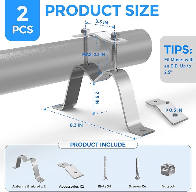 2 PACK Wall Mount Pair for TV Antenna Mast Brackets,Heavy Duty 3" Antenna Wall Mount bracket for Weather Station and Amateur Antenna,Antenna Mast Mount Bracket,Adjustable Antenna Mast Mount Up to 2.5”