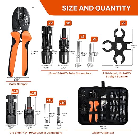 Solar Crimper Tool Kit for AWG8-12 Cable -23 PCS Solar Panel Connectors Kit with Ratcheting Crimping Tool Pliers, 12 Pairs of AWG8-14 Solar Connectors, 2 Wrenches, Bag