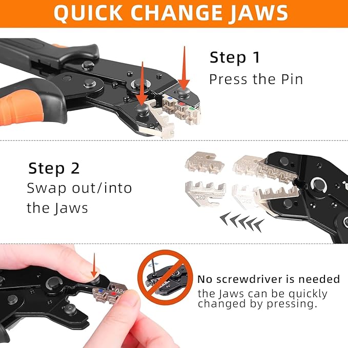 KF CPTEC 6PCS Multi-functional Wire Crimping Tool with Quick-Change Jaws for Spade, Insulated & Non-insulated Terminals, Ferrules, Solar Connectors, Coaxial Cables for Pro Electrical Repairs