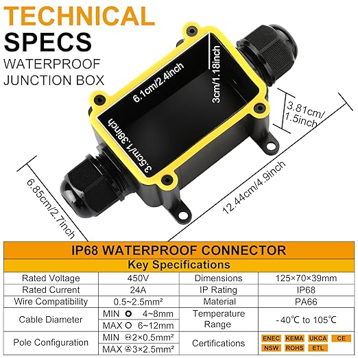 IP68 Waterproof Junction Box,2-Way Outdoor Waterproof Electrical Box with 2 Cable M20 Gland Wire Connector Electrical Junction Box for 4-12mm Diameter Cable, Black