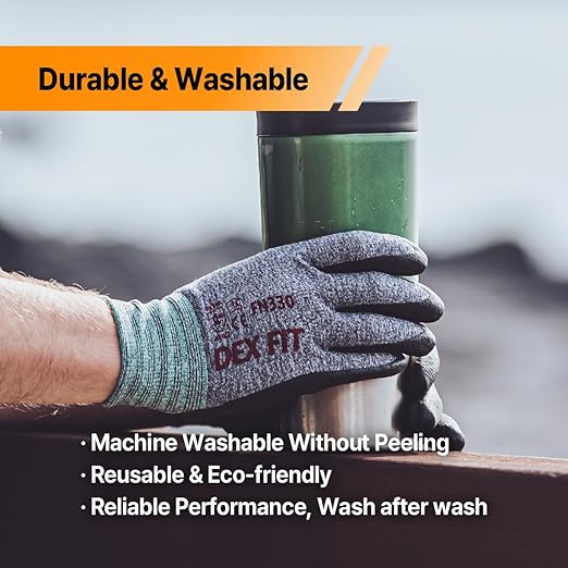 DEX FIT Nitrile Work Gloves FN330, 1 Pair, 3D-Comfort Stretchy Fit, Firm Grip, Thin & Lightweight, Touch-Screen Compatible, Durable, Breathable & Cool, Machine Washable; Grey L (9)
