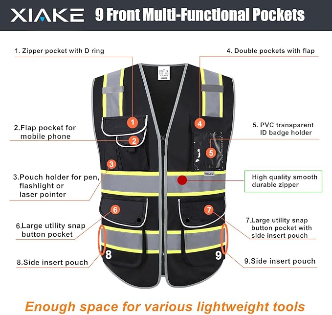 XIAKE 9 Pockets Class 2 High Visibility Reflective Safety Vest for Men Women,Meets ANSI/ISEA Standard