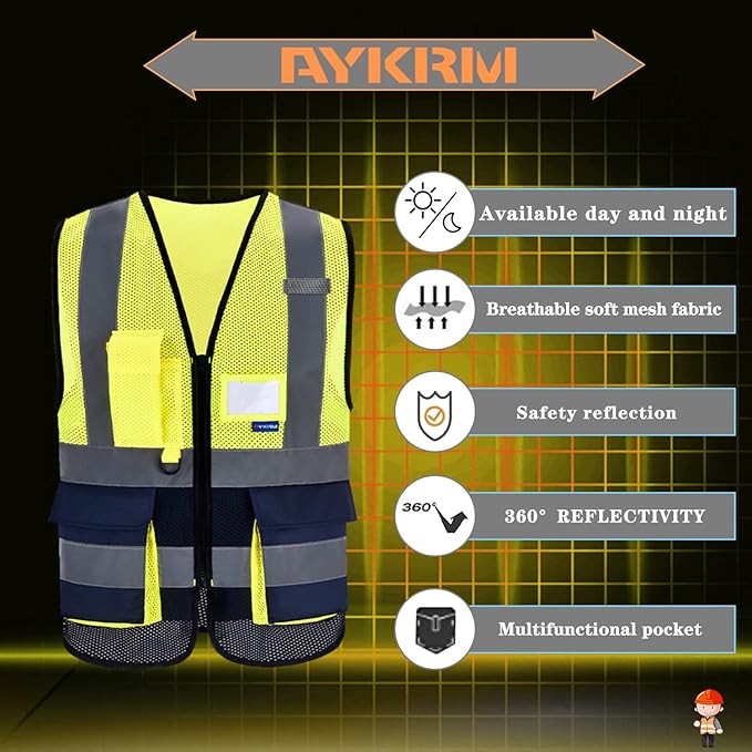 A-SAFETY High Visibility Safety Vest with 4 Reflective Strips 7 Pockets,Yellow&Navy Mesh X-Small