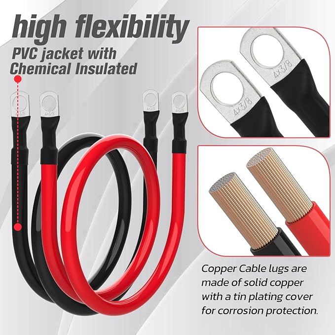 4 AWG Battery Cable 4AWG Gauge Battery Inverter Cables for Automotive Solar Marine Boat RV Car Motorcycle (4 AWG, 3FT, 3/8")
