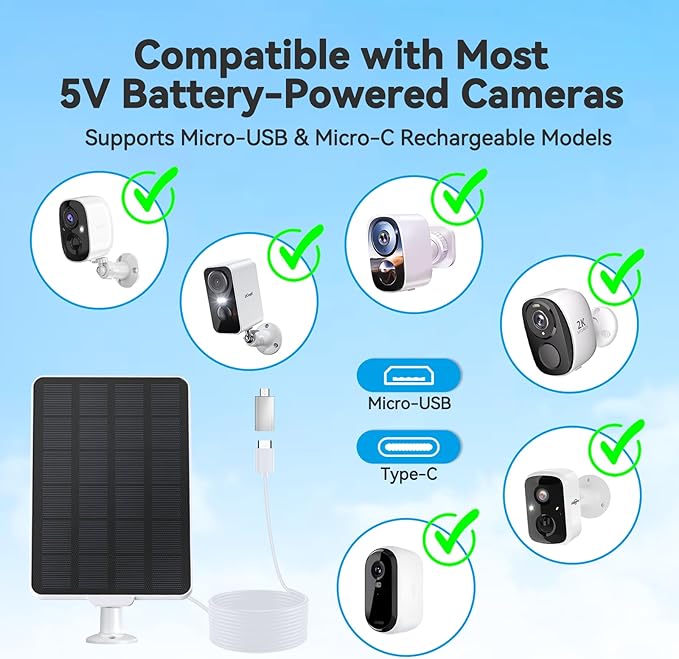 3W Solar Panel for Battery-Powered Security Cameras,USB-C & Micro USB Solar Charger for Wireless Outdoor Cameras,IP65 Waterproof, 9.8ft Cable, 360° Adjustable Mount (White, 1 Pack)