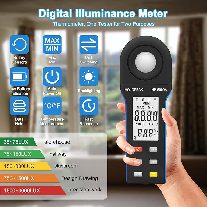 Digital Illuminance Meter, HoldPeak 1-400000Lux Light Meter with Large LCD Screen Handheld Ambient Temperature Measurer, Lumen Meter for Plants, Photography Lab, Classroom, Bedroom, 5000A