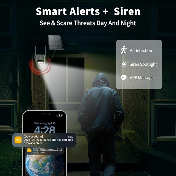 Solar Camera Outdoor Wireless, Wi-Fi Security Cameras for Home, 360° View, Two-Way Talk, Auto Tracking, Light Alarm, Color Night Vision