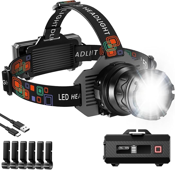 Rechargeable Headlamp Super Bright, 3000 High Lumens Head Lamp with 9 Modes, Zoomable Headlamp for Adults 90° Adjustable, IPX7 Waterproof High Power Head Light for Fishing Camping