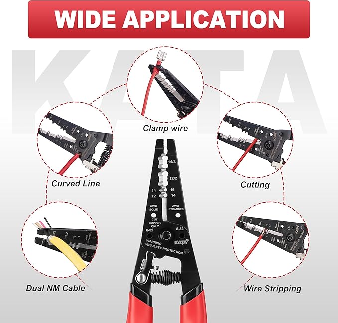 KATA Wire Cutter/Wire Stripper Tool, 8 Inch Dual NM Cable Stripper/Cutter Cuts Solid Copper Wire, Wire Stripping Crimper Plier Strips 12-14 AWG Solid Wire, 14-16 AWG Stranded Wire for Electricians