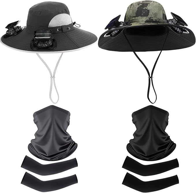Syhood Solar Powered Fan Hat with Arm Sleeves Neck Gaiter for Men Women Outdoor Wide Brim Bucket Hat with Fan for Hiking