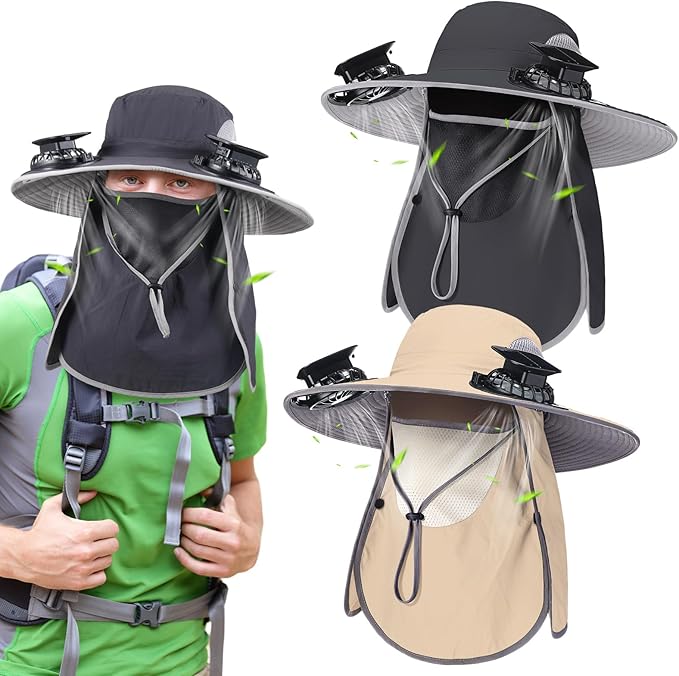2 Pcs Solar Fan Hats Wide Brim Fishing Hats with 2 Solar Fan and Removable Face Cover Cooling Buckets for Men Women