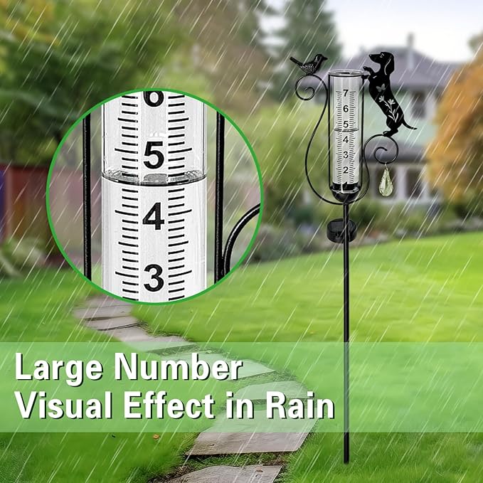 Dachshund Dog Rain Gauge Outdoor,Solar Powered Decorative Metal Dog and Bird Garden Stakes,Rain Gauges for Yard,Pathway,Lawn