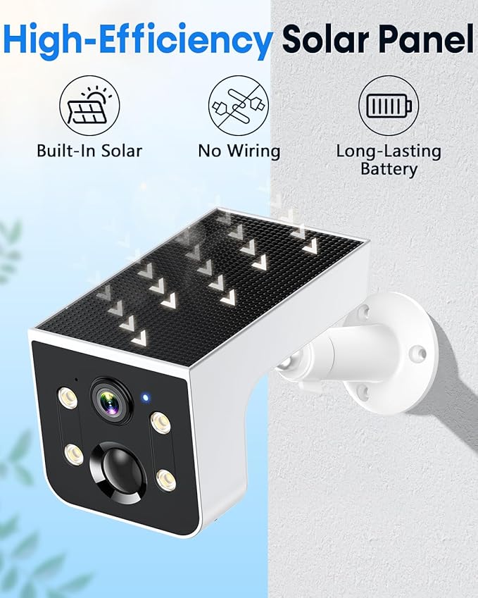 Solar Powered Outdoor Wireless Camera: 2K HD, Motion Detection, Color Night Vision, Waterproof IP67, Easy Setup for Home & Business Monitoring, No Monthly Fees