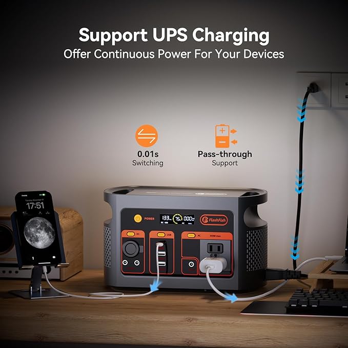 FF Flashfish Portable Power Station, 179Wh LiFePO4 Battery Pack, Solar Generator With 300W AC Output(Peak 600W), UPS, Full Charge in 70Min., Backup Power Emergency Power Supply For Home, Camping, CPAP