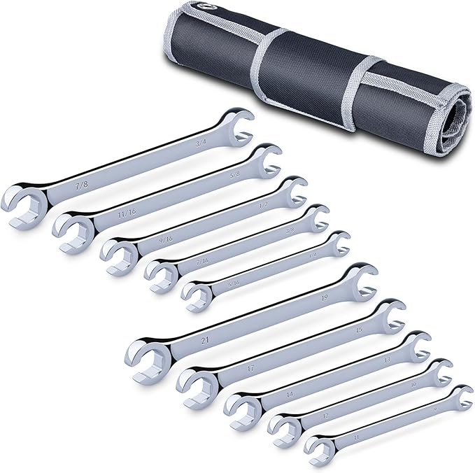10-Piece Complete Metric and SAE Flare Nut Wrench Set with Pouch | Metric 9mm - 21mm, Inch 1/4” - 7/8” | Cr-V Steel, 6-Point Double-End Design, Perfect Line Wrench for Fuel, Brake and Air Conditioning