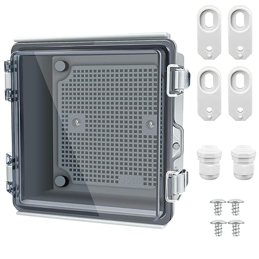 Nineleaf IP67 Waterproof Electrical Junction Box, 5.9"x5.9"x3.5" ABS Plastic Enclosure with Clear Hinged Cover, Mounting Plate, Cable Glands for Outdoor Router, Solar, CCTV, DIY Projects