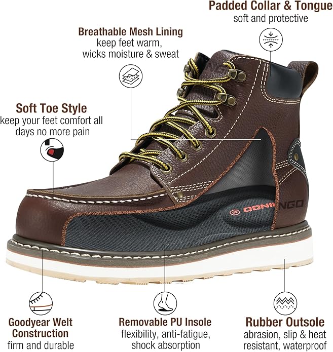 HISEA NINGO Work Boots for Men Steel/Soft Toe Boots,6” Water Resistant Slip Resistant Industrial & Construction Work Shoes, Composite Toe Working Boot