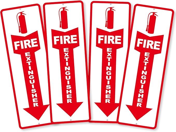 (4 Pack) Fire Extinguisher Signs – Strong Self Adhesive Fire Extinguisher Sign for Business, 12x4 Inch Aluminum Fire Extinguisher Signs Weather Resistant and Easy to Install (White)