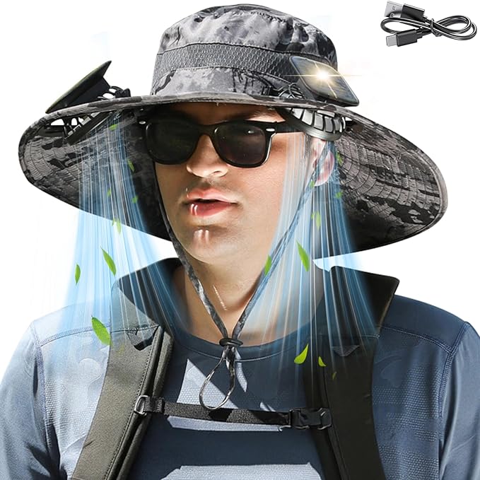 Solar Fan Hat for Men Women, Wide Brim UPF50+ Sun Hat with 2 Removable Fan 3-Speed Wind Solar&USB Charging