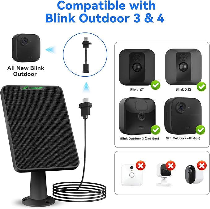 Solar Panel for Blink Camera Outdoor, 6W Solar Panel with Battery Compatible with Blink Outdoor 3 & 4 XT XT2 Camera, Solar Charger for Blink Camera with Rubber Plug,13.1ft Cable, IP65 Waterproof