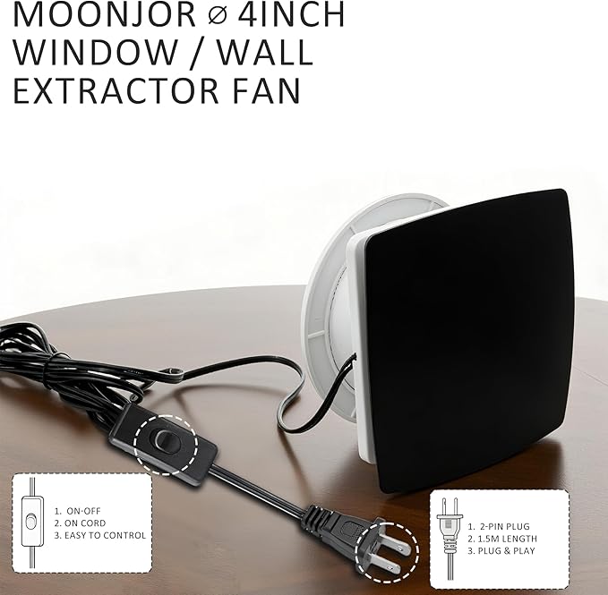 4inch Exhaust Fan, Window Wall Mount Vent Extractor Black Ventilation Fan w/Button Switch, Cord for Kitchen Bathroom Workshop Garage
