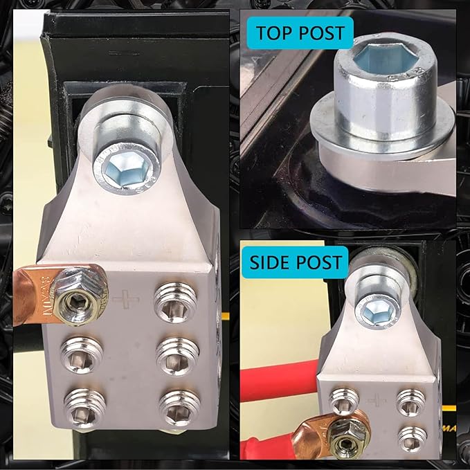 Battery Post Terminals, 1/0,1,2,3,4,5,6AWG Gauge Side Post Battery Terminal with Bolt, 6 Way Top Post Battery Terminal for AGM Lead Acid Battery or Lithium attery,M10 or 3/8”-16