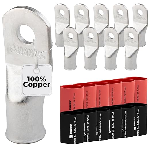 SELTERM 10pcs - 3/0 Awg - 5/16" Stud - Battery Lugs - Ring Terminal Connectors with 12pcs 3:1 Black & Red Heat Shrink Tubing with Adhesive | Heavy Duty Battery Cable Ends - Tinned Copper Wire Lugs Kit