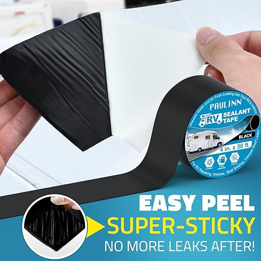 PAULINN Butyl Sealant Waterproof Tape, 4 Inch X 50 Foot RV Roof Repair Tape Black, UV & Weatherproof Roof Seal Tape for RV Camper Trailer Boat Window Sealing Leak Repair