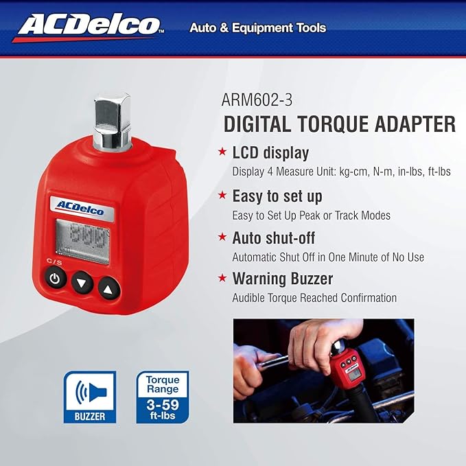 ACDelco 3/8” & 1/2" Heavy Duty Digital Torque Adapters with Buzzer and LED Flash Notification – ISO 6789 Standards with Certificate of Calibration (3/8” (5.9 to 59 ft-lbs.))