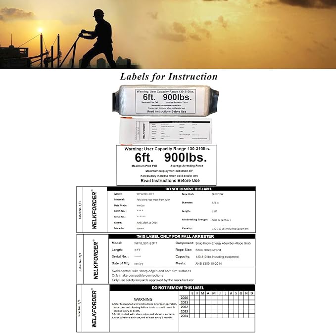 25FT Vertical Lifeline Assemble Three Strand Rope Fall Protection with Rope Grab Snap Hooks Shock Absorber Fall Protection Safety Equipment ANSI Compliant