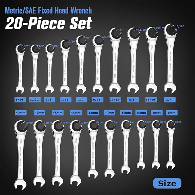 LOSCHEN Metric and SAE 20PCS Ratcheting Combination Wrench Set, Spanner Set with Open End, CR-V Steel Ratcheting Tubing Wrench Set with 72-Tooth Gear
