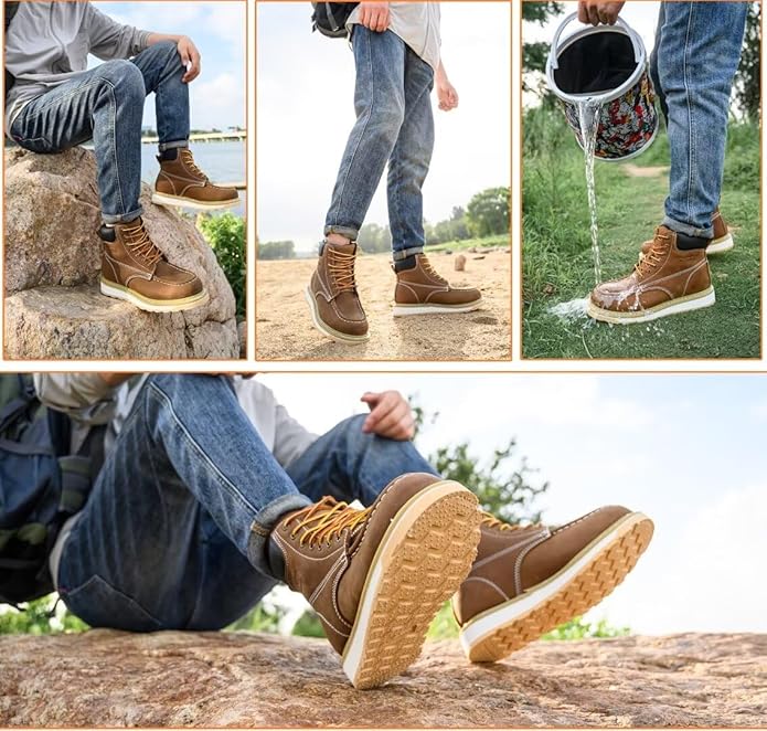 Work Boots for Men, 6" Soft Toe Wedge Sole Waterproof Safety Boots, Comfortable Construction Work Safety Shoes