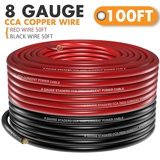 Jeemiter 8 AWG CCA Wire Kit - 100ft Total (50ft Red & 50ft Black) | Complete Power & Ground Cable for Car Audio, RV, Solar | Includes Lugs & Heat Shrink Tube