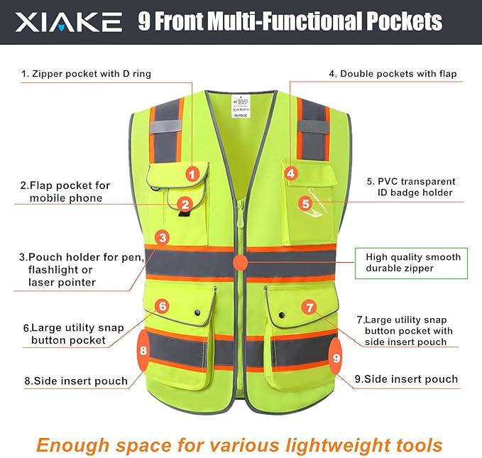 XIAKE 9 Pockets Class 2 High Visibility Reflective Safety Vest for Men Women,Meets ANSI/ISEA Standard