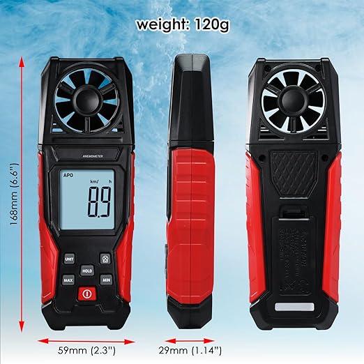 Digital Anemometer Handheld Wind Speed Meter – Measures Wind Speed in m/s, km/h, ft/min, mph, Knots & Air Temperature – Max/Min, Data Hold, Backlit Display – for HVAC, Sailing, Weather, Drone Flying