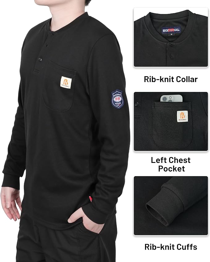 BOCOMAL FR Shirts Henley 7oz Midweight Fire Resistant Clothing NFPA2112 CAT2 Men's Flame Retardant Work Shirt