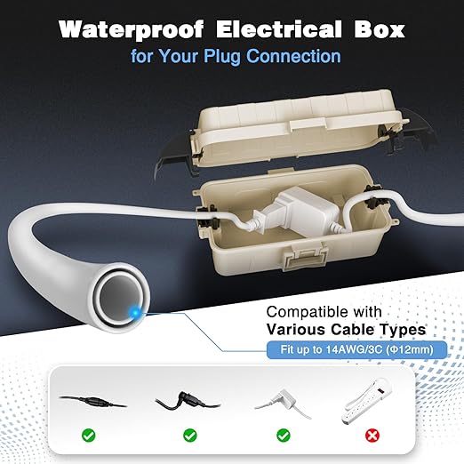 FLEMOON [2 Pack] IP55 Outdoor Electrical Box Waterproof with Detachable Awning Covers, 8.3 x 4.1 x 3.7 inch Weatherproof Extension Cord Cover, Easy Installation for Outdoor Plug, String Lights, Almond