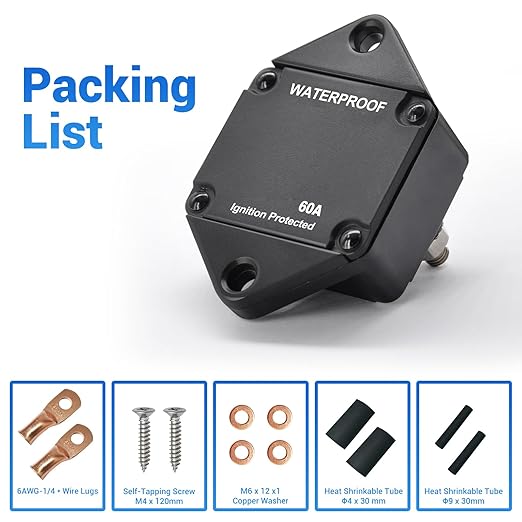 60Amp Circuit Breaker Auto Reset for Boat Trolling Motor Marine ATV Trailer Vehicles Stereo Audio Electronic Battery Solar System Inline Fuse Waterproof DC 12V-48V (Panel Mount-Auto)