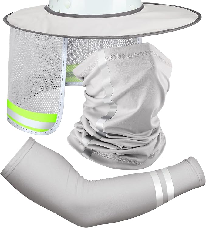 SATINIOR 3 Pcs Sun Hard Hat Neck Protection High Visibility Full Brim Mesh Sun Protection Bandana Headband Arm Sleeves with Reflective Strap for Construction Helmet Hard Hat(Light Gray)