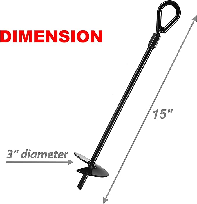 VASGOR 15” Ground Anchors (4pcs) Easy to Use with Drill, 3" Helix Diameter, Heavy Duty Anchor Hook for Camping Tent, Canopies, Car Ports, Sheds, Swing Sets, Securing Animals – Black Powder Coated