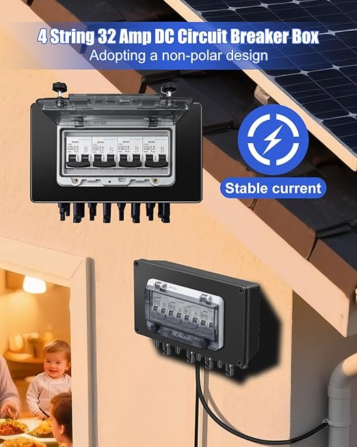 Solar Panel Disconnect Switch 4 String 32 Amp DC Circuit Breaker Box, Waterproof IP67 Solar Combiner Box with MC4 Connectors for Grid-Connected and Off-Grid Systems, 4 in 4 Out