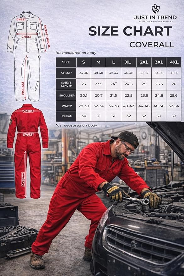 Just In Trend Classic Safety Work Coverall - Long Sleeve - 100% Cotton - 7 oz