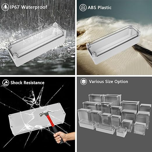 LeMotech Junction Box IP67 Waterproof Dustproof Electrical Box Project Box DIY Enclosure Gray with Transparent Clear Cover, External Size 9.8x3.1x2.8in (250x80x70mm)