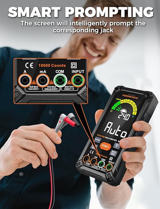Digital Multimeter Tester 10000 Counts, Smart Multimeter Rechargeable, Auto-Ranging Voltmeter for Measuring Voltage and so on, Dual Fuse Overload Protection, Foldable Stand, Smart Input Jack Warning