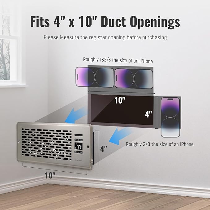 Register Booster Fan for 4" x 10" Register Holes, Quiet Vent Fan Booster with Intelligent Thermostat, Improves Heating Cooling, App Control, 10-Speeds, Manhattan Smart Register Vent, SN