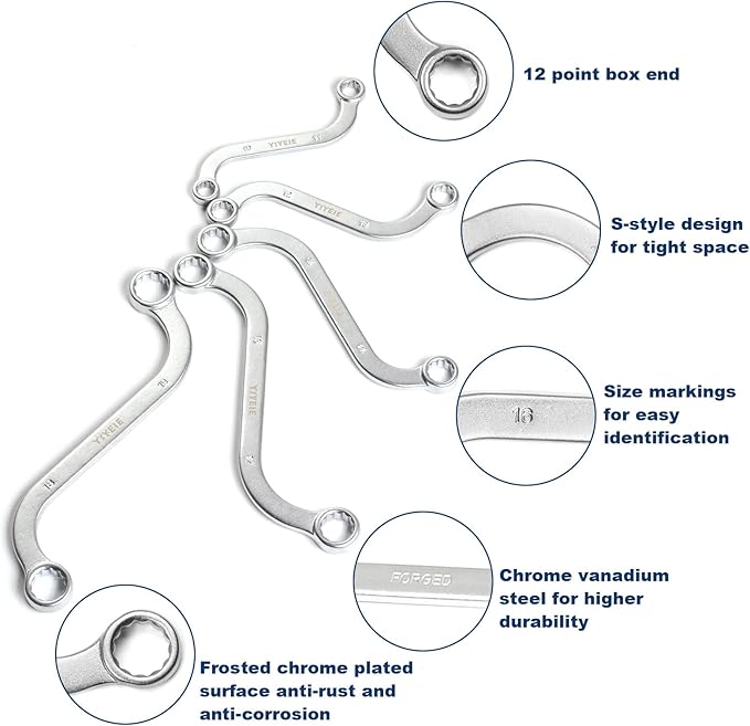 Offset S-Style Box End Wrench Set, 5-Piece, Chrome Vanadium Steel, 10x11mm, 12x13mm, 14x15mm, 16x17mm, 18x19mm